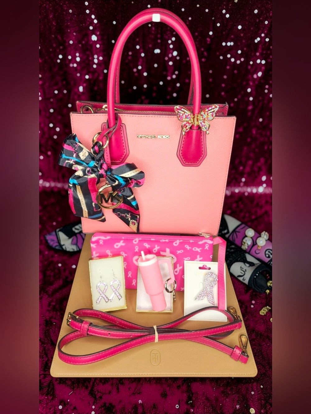 Michael Kors Mercer Two-Tone Leather Crossbody Bag With Cancer Awaremess Bundle